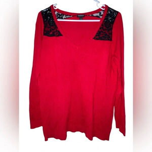 Torrid Plus Black Lace Inset Long Sleeve Sweater Top Red Size 1X Holiday Wear
